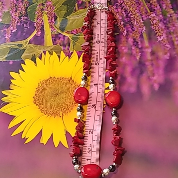 Necklace/ Choker, Hoop Earrings Set, Red Stones - Picture 6 of 6